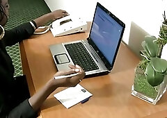 Black shemale has solo fun with her cock in office