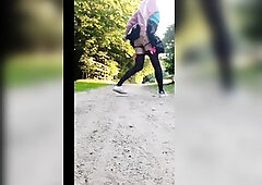 Sissy clothed in Little4big flashes on running trail