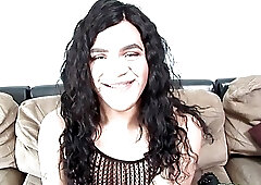 Bulky amateur tranny strips and jerks off for the camera