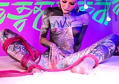 Tattooed teen fingering and toying her needy holes on webcam