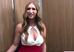Busty coworkers finger rim and strapon fuck in the elevator