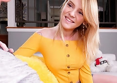 Sensual blonde with big boobs Nora Ivy sucks on the knees