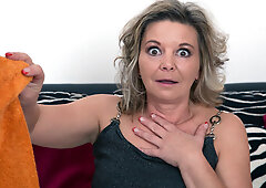 Blonde mature lady sucking off a young stud