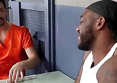 Skinny white man gets his ass fucked by a black dude in the prison
