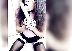 Cute sissy doxy teases and sucks sextoy