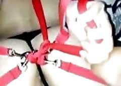 Amateur BDSM slave tied up and toyed in bed POV