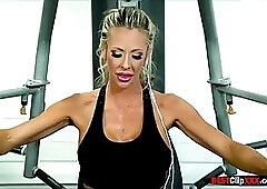 Big titted blonde woman, Courtney Taylor needs a good massage after she finishes with the gym
