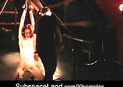 A serf is abased by a cruel dom. The corporalist ties the serf to the couch and uses his sex toy and whip on her for great pang. This Babe is slapped,