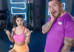 Asian babe Lady Dee likes jumping on a massive penis in the gym