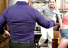 Stepsis with a booty gets double penetrated in taboo kitchen threesome