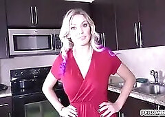 Blonde shoplifter MILF Kenzie Taylor got caught and blackmailed by stepson and performs a handsfree blowjob while wearing handcuffs.