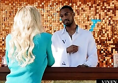 Welcome back to Hotel Vixen! The recent bartender is still getting oriented when his boss, Brandi, thighs him to her sex-positive business strategy.