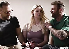 Teen Eliza Eves gets uncomfortable when her neighbors begin to drop hints.They get the plump blond to suck their dicks and double twat bang her