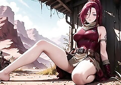 The redhead warrior emerges from the industrial wasteland, her wine-red combat costume hugging each curve. Leaning not fast on a cold metal platform, 