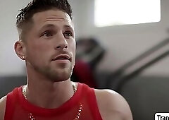 Tranny babe rides gym instructors cock while friend is watching