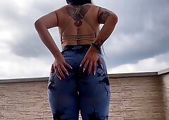 Round ass tattooed Latina MILF rides dildo in her torn Yoga leggings