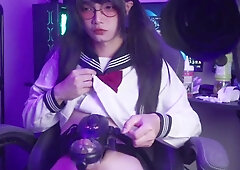 Adorable Ample-Stiffy Femboy Scent Uses Wearable Fleshlight & Faux-cock to Jizm