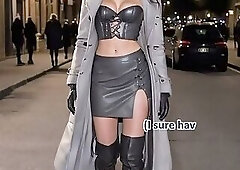 Beautiful brunette in grey leather outfit and boots teasing a guy by dancing lasciviously in a