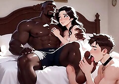 Intensive cuckold humiliation - spouse on his knees licking the feet of his wife's lover. His wife sits comfortably watching and encouraging the 
