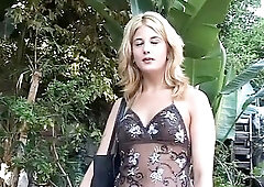 Bubbly golden-haired gets her butthole stretched by a lengthy white tool who cums in her throat.