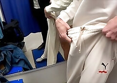 Risky masturbation, gay jerking off, dressing room