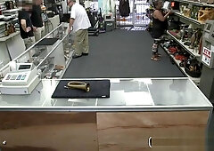 Sexy gay blows a cock in public pawn shop