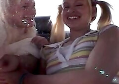 Milton Twins kissing with lesbian friend. they rubbing each other natural tits and pussy