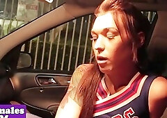 Cute shemale sucks cock while in car with a dude