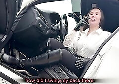 POV smokin' spit car tease — clothed in white shirt, taut jeans, high leather boots and leather gloves, I park in a quiet spot. I smoke 4 cigar
