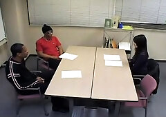 Amateur Oriental babe has two black guys sharing her pussy