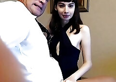 Cute shemale with beautiful tits sucks on a hard dick