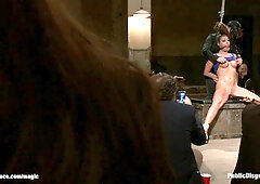 Beautiful Babe in lesbian group public torment