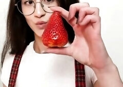 SFW clip, food fetish with my college cutie cosplay eating new and large strawberries with condensed milk. Have a fun a lot eating