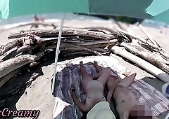 #2 Voyeur watching us while my hot wife masturbating and cumshot cock in nudist beach public - Risky Public Sex - Caught Handjob by stranger - MissCre