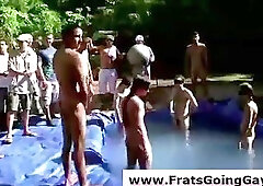 Straight teens naked outdoors for gay fraternity in pool