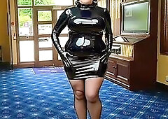 Golf Club Slut Exposed in Shiny PVC Skirt High Heels Costume in ClubHouse Entrance