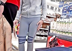 GET TO WATCH! Lustful cutie caught touching in public. Out Of pants flashing CAMELTOE vagina lips