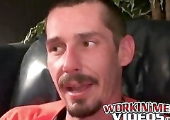 Rough stud smokes during an interview and masturbates solo