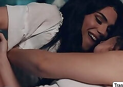 Curly teen lets TS stepmom fuck her pussy