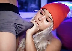 Blonde bombshell deepthroats cock in swimsuit