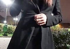 Cumshot in transparent dress with nylon condom