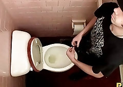 Watch as naughty boys head to bathroom to piss and jerk off
