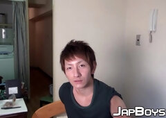 Japanese twink seduced by cameraman into jerking off solo
