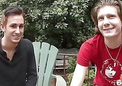 Shaggy-haired homo is the center of a dirty gangbang