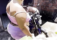 Neighbour helps me wash my motorcycle and then bangs me with tons of cum in my throat.