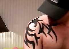 Jock vigorously tugs on his boner and uses sex toys