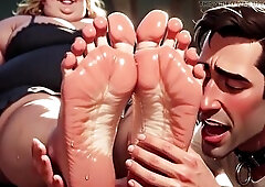 Obedient dude passionately worshipping the perspired feet of a obese big beautiful woman. This chab licks her soles and sucks her toes with complete s