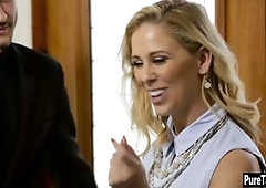 Crazy blonde with big tits Cherie DeVille jumped on a guys hard thing after she sucked it