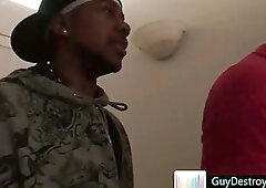 Guy gets to suck hard fat black dick