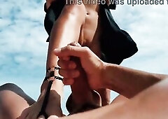 Me- Golden-haired Gal Masturbates at Public Nudist Beach, strokes a Boys Jock with Feet, Spunk flow, Foot fetish